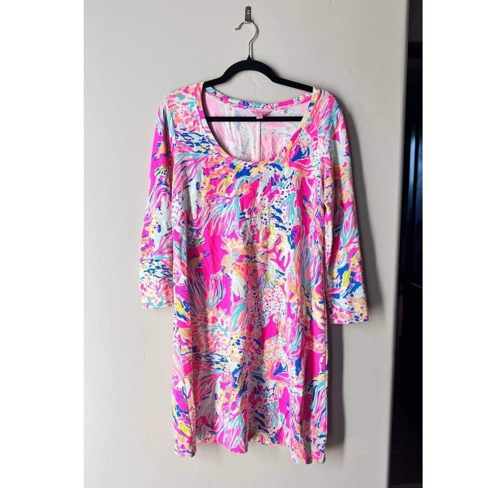 Lilly Pulitzer Shift Dress M Pink Tropical Print Modal Scoop Neck Resortwear